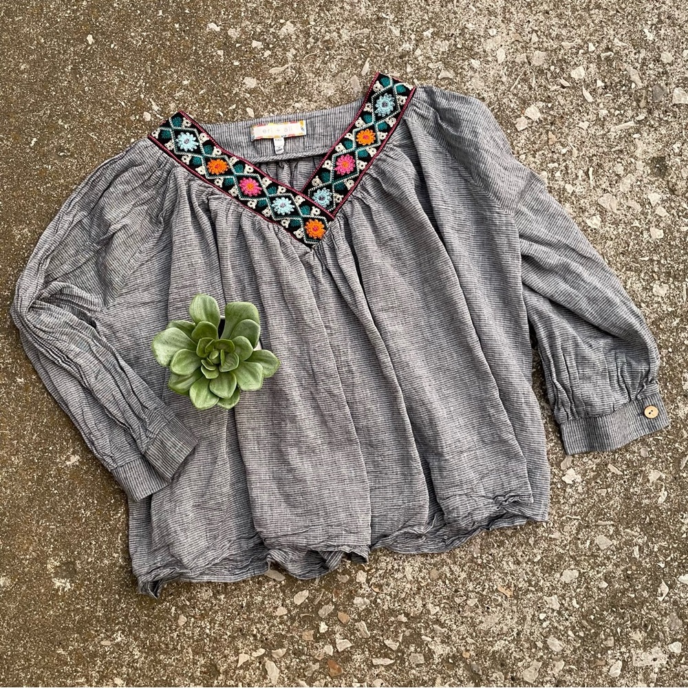 Anthropologie | Eri + Ali Boho Embroidered Neckline Peasant Blouse